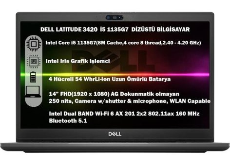 Dell Latitude 3420 G1BKGX311 Dahili Intel Iris Xe Graphics Intel Core i5 1135G7 32 GB Ram 512 GB SSD 14 inç Full HD Windows 11 Pro Laptop