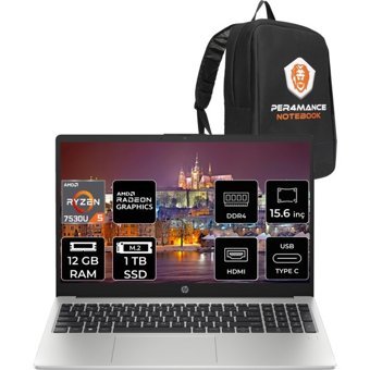 HP 255 G10 8A547EAP308 Dahili AMD Radeon RX Vega 7 AMD Ryzen 5 7530U 12 GB Ram 1 TB SSD 15.6 inç Full HD FreeDos Laptop + PER4 Çanta