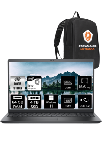 Dell Vostro 3520 N5315PVNB3520U Dahili Intel Iris Xe Graphics Eligible Intel Core i5 1235U 64 GB Ram 4 TB SSD 15.6 inç Full HD Windows 11 Pro Laptop + PER4 Çanta