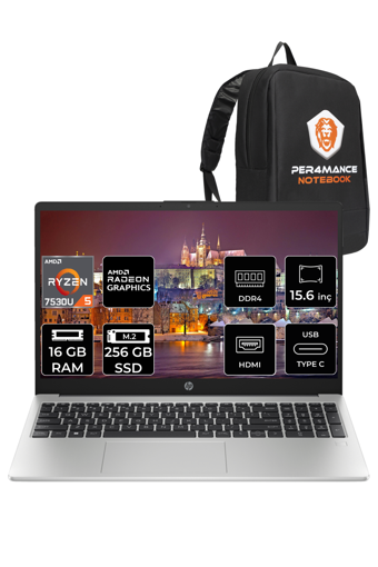 HP 255 G10 8A547EA Dahili AMD Radeon RX Vega 7 AMD Ryzen 5 7530U 16 GB Ram 256 GB SSD 15.6 inç Full HD FreeDos Laptop + PER4 Çanta