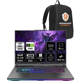 Asus ROG Strix G16 N3095P397 Harici GeForce RTX 4060 Intel Core i9 14900HX 32 GB Ram 512 GB SSD 16 inç Full HD Windows 11 Pro Oyuncu Laptop + PER4 Çanta