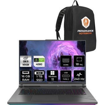 Asus ROG Strix G18 N6092P388 N6092 Harici GeForce RTX 4080 Intel Core i9 14900HX 16 GB Ram 1 TB SSD 18 inç QHD Windows 11 Pro Oyuncu Laptop + PER4 Çanta