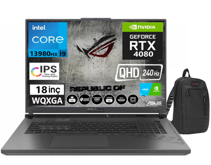 Asus ROG Strix G18 N602316 Harici GeForce RTX 4080 Intel Core i9 13980HX 96 GB Ram 512 GB SSD 18 inç QHD Windows 11 Home Oyuncu Laptop + Zetta Çanta