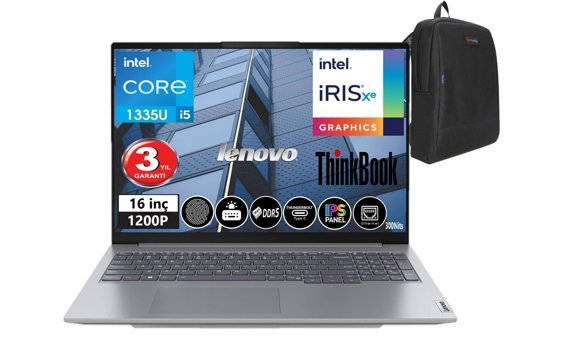 Lenovo Thinkbook 16 21KH001ETR Zİ707 Dahili Intel Iris Xe Graphics Eligible Intel Core i5 1335U 32 GB DDR5 Ram 2 TB SSD 16 inç Full HD Windows 11 Pro Laptop + Zetta Çanta