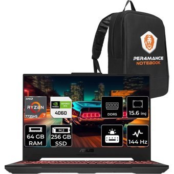 Asus TUF Gaming A15 LP037 LP037P331 Harici GeForce RTX 4060 AMD Ryzen 7 7735HS 64 GB Ram 256 GB SSD 15.6 inç Full HD FreeDos Oyuncu Laptop + PER4 Çanta