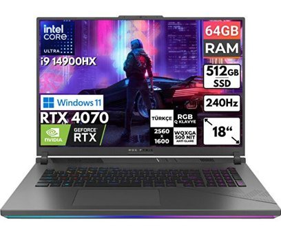 Asus ROG Strix G18 G814JIR-N6002 BT34 Harici GeForce RTX 4070 Intel Core i9 14900HX 64 GB Ram 512 GB SSD 18 inç Full HD Windows 11 Home Oyuncu Laptop