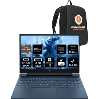 HP Victus 15 7N9G7EAP487 Harici AMD Radeon RX 6500M AMD Ryzen 5 5600H 64 GB Ram 2 TB SSD 15.6 inç Full HD Windows 11 Pro Laptop + PER4 Çanta