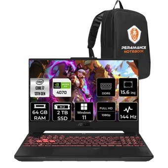 Asus TUF Gaming F15 LP097P374 Harici GeForce RTX 4070 Intel Core i7 13620H 64 GB Ram 2 TB SSD 15.6 inç Full HD Windows 11 Home Oyuncu Laptop + PER4 Çanta