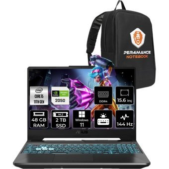 Asus TUF Gaming F15 HN028P444 Harici GeForce RTX 2050 Intel Core i5 11400H 48 GB Ram 2 TB SSD 15.6 inç Full HD Windows 11 Pro Oyuncu Laptop + PER4 Çanta