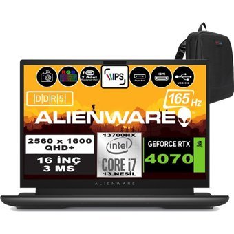 Dell Alienware M16 R1 AWM16I7X70WP13 Harici GeForce RTX 4070 Intel Core i7 13700HX 96 GB DDR5 Ram 512 GB SSD 16 inç QHD Windows 11 Pro Oyuncu Laptop + Zetta Çanta