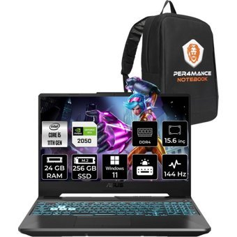 Asus TUF Gaming F15 HN030P421 Harici GeForce RTX 2050 Intel Core i5 11400H 24 GB Ram 256 GB SSD 15.6 inç Full HD Windows 11 Pro Oyuncu Laptop + PER4 Çanta