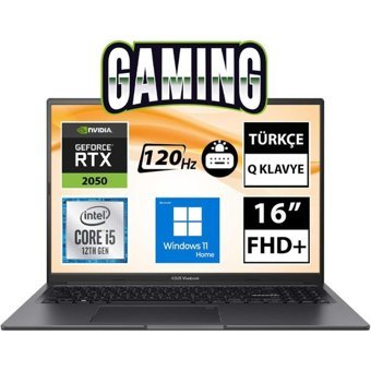 Asus Vivobook 16X K3605ZF-N1017W Harici GeForce RTX 2050 Intel Core i5 12450H 8 GB Ram 512 GB SSD 16 inç Full HD Windows 11 Home Oyuncu Laptop