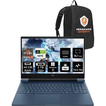 HP Victus 16 8W8A7EAPN388 Harici GeForce RTX 4070 AMD Ryzen 7 7840HS 40 GB Ram 2 TB SSD 16.1 inç Full HD Windows 11 Home Oyuncu Laptop + PER4 Çanta