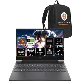 HP Victus 16 892P8EAPN394 Harici GeForce RTX 4060 AMD Ryzen 7 7840HS 48 GB Ram 2 TB SSD 16.1 inç Full HD Windows 11 Home Oyuncu Laptop + PER4 Çanta