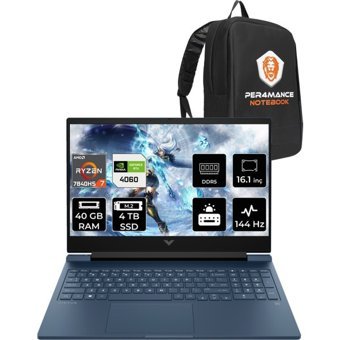 HP Victus 16 7Z586EAPN329 Harici GeForce RTX 4060 AMD Ryzen 7 7840HS 40 GB Ram 2 TB SSD 16.1 inç Full HD FreeDos Oyuncu Laptop + PER4 Çanta