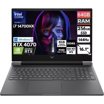 HP Victus 16 R1020NT 9J222EA BT29 Harici GeForce RTX 4070 Intel Core i7 14700HX 64 GB Ram 256 GB SSD 16.1 inç Full HD Windows 11 Home Oyuncu Laptop