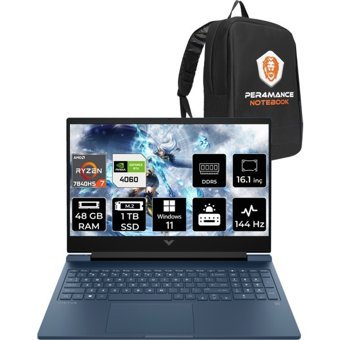 HP Victus 16 7Z586EAPN381 Harici GeForce RTX 4060 AMD Ryzen 7 7840HS 48 GB Ram 1 TB SSD 16.1 inç Full HD Windows 11 Home Oyuncu Laptop + PER4 Çanta