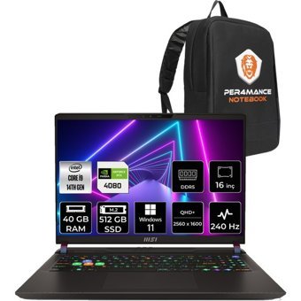 MSI Vector 16 HX A14VHG497XTRP362 Harici GeForce RTX 4080 Intel Core i9 14900HX 40 GB Ram 512 GB SSD 16 inç QHD Windows 11 Home Oyuncu Laptop + PER4 Çanta