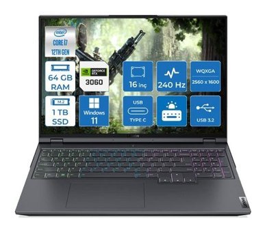 Lenovo Legion 5 Pro 82RF00SVTX003 Harici GeForce RTX 3060 Intel Core i7 12700H 64 GB Ram 1 TB SSD 16 inç Full HD Windows 11 Home Oyuncu Laptop