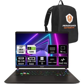 MSI Vector 16 HX A14VHG497XTRP416 Harici GeForce RTX 4080 Intel Core i9 14900HX 96 GB Ram 256 GB SSD 16 inç QHD Windows 11 Pro Oyuncu Laptop + PER4 Çanta