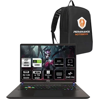 MSI Vector 17 HX A14VIG879XTRP360 Harici GeForce RTX 4090 Intel Core i9 14900HX 32 GB Ram 4 TB SSD 17 inç QHD Windows 11 Home Oyuncu Laptop + PER4 Çanta