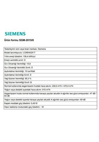 Siemens LC66HA241T 60 cm Metal Yüzey Bacalı-Bacasız Duvar Tipi Davlumbaz Beyaz