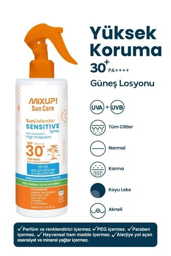 Mixup Sensitive Spray 30 Faktör Tüm Ciltler İçin Leke Karşıtı Nemlendirici Mineral Filtreli Yağsız Suya Dayanıklı Vücut Güneş Losyonu 200 ml