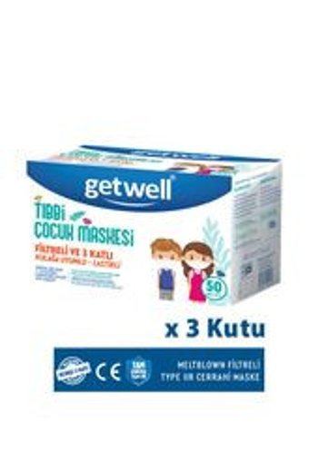 Getwell Tek Kullanımlık 3 Katlı Lastikli Telli 150'li Çocuk Maske Beyaz