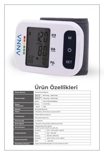 Anna B1 Comfort 2 Kullanıcı 120 Ölçüm Hafızalı Konuşan Dijital Bilekten Tam Otomatik Tansiyon Aleti