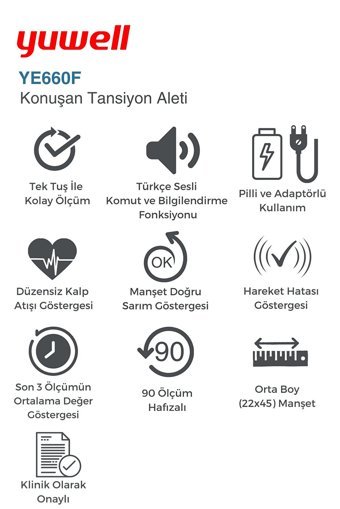 Yuwell Ye660F 90 Ölçüm Hafızalı Konuşan Dijital Koldan Tam Otomatik Tansiyon Aleti