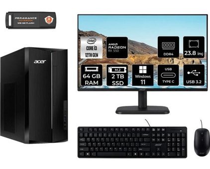 Acer Aspire TC1760 DTBHUEM004MNT1399 Harici Radeon RX 550 Intel Core i3 12100 64 GB Ram 2 TB SSD Tower Windows 11 Home 23.8 inç Monitörlü Masaüstü Bilgisayar + PER4 BELLEK