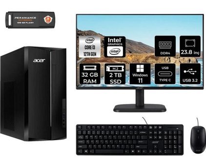 Acer Aspire TC1760 DTBHUEM004MNT429 Dahili Intel UHD Graphics Intel Core i3 12100 32 GB Ram 2 TB SSD Tower Windows 11 Pro 23.8 inç Monitörlü Masaüstü Bilgisayar + PER4 BELLEK