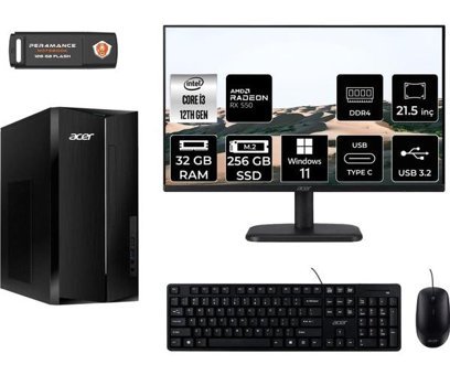 Acer Aspire TC1760 DTBHUEM004MNT1376 Harici Radeon RX 550 Intel Core i3 12100 32 GB Ram 256 GB SSD Tower Windows 11 Home 21.5 inç Monitörlü Masaüstü Bilgisayar + PER4 BELLEK