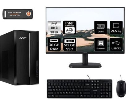 Acer Aspire TC1760 DTBHUEM004MNT332 Dahili Intel UHD Graphics Intel Core i3 12100 36 GB Ram 512 GB SSD Tower FreeDos 21.5 inç Monitörlü Masaüstü Bilgisayar + PER4 BELLEK