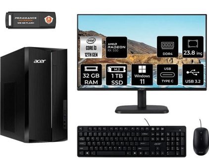 Acer Aspire TC1760 DTBHUEM004MNT1428 Harici Radeon RX 550 Intel Core i3 12100 32 GB Ram 1 TB SSD Tower Windows 11 Pro 23.8 inç Monitörlü Masaüstü Bilgisayar + PER4 BELLEK