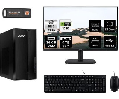 Acer Aspire TC1760 DTBHUEM004MNT3335 Harici GeForce GT 1030 Intel Core i3 12100 36 GB Ram 4 TB SSD Tower FreeDos 21.5 inç Monitörlü Masaüstü Bilgisayar + PER4 BELLEK