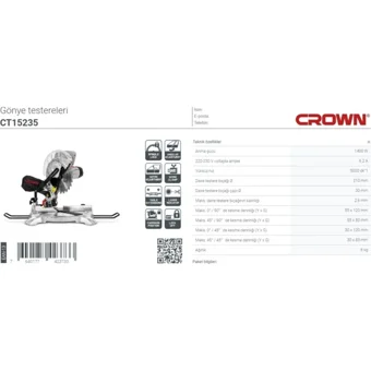 Crown Ct15235 1400 W 5000 devir/dk 210 mm Açılı Kesim Kablolu Elektrikli Daire Testere