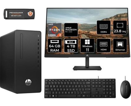 HP 295 G9 6D391EAMNT1400 Harici Radeon RX 550 AMD Ryzen 3 5300G 64 GB Ram 4 TB SSD Tower Windows 11 Home 23.8 inç Monitörlü Masaüstü Bilgisayar + PER4 BELLEK