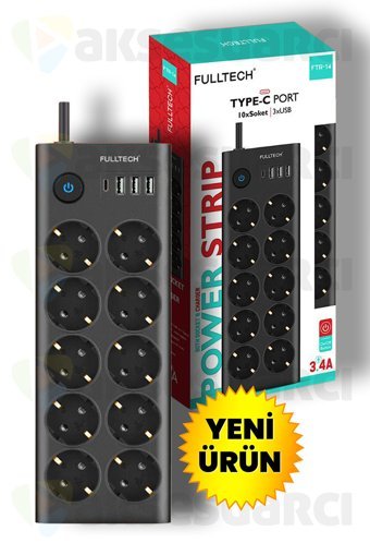 Fulltech Ftr-14 10'lu Soket 1.4 metre 3'lü USB Kablolu Çiftli Akım Korumalı Priz