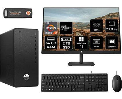 HP 295 G9 6D391EAMNT1399 Harici Radeon RX 550 AMD Ryzen 3 5300G 64 GB Ram 2 TB SSD Tower Windows 11 Home 23.8 inç Monitörlü Masaüstü Bilgisayar + PER4 BELLEK