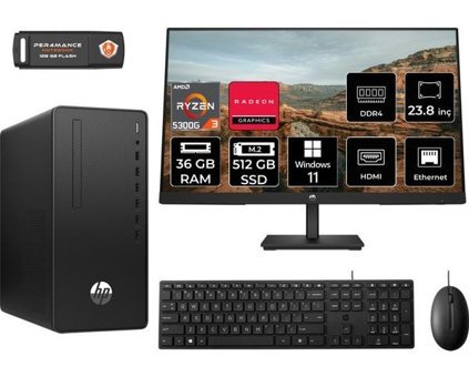 HP 295 G9 6D391EAMNT432 Dahili Radeon Vega 6 AMD Ryzen 3 5300G 36 GB Ram 512 GB SSD Tower Windows 11 Pro 23.8 inç Monitörlü Masaüstü Bilgisayar + PER4 BELLEK