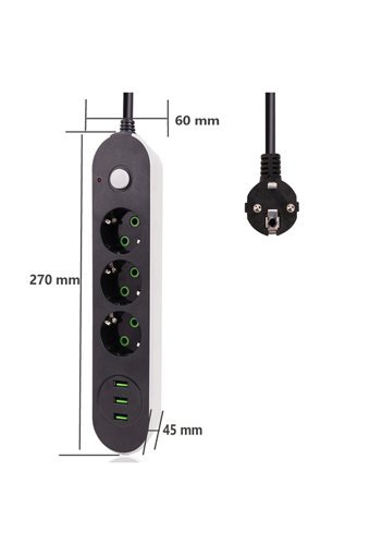 En Si̇ga 3'lü Soket 2 metre 3'lü USB Kablolu Çiftli Akım Korumalı Priz