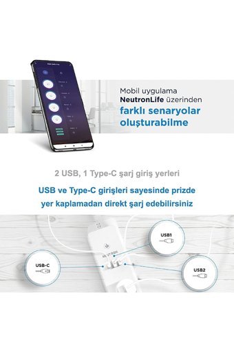 Neutron Ntl-Sw07 4'lü Soket 1 metre 2'li USB Kablolu Çiftli Akım Korumalı Priz