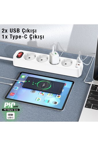 Westus Kalın Topraklı Akım Korumalı 4'lü 8 m USB Uzatma Kablolu Priz Beyaz