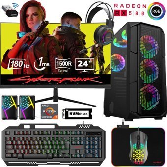 Xaser XSR499 Harici Radeon RX 580 AMD Ryzen 7 5700X 16 GB Ram 1 TB SSD Tower FreeDos 24 inç Monitörlü Masaüstü Bilgisayar