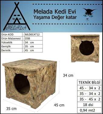 Melada 45x35x34 cm Dikdörtgen Su Geçirmez Dış Mekan Kedi Evi Ahşap Rengi