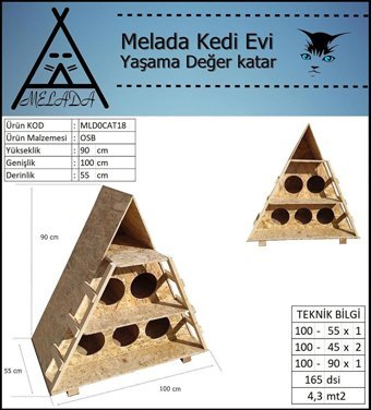 Melada 100x90x55 cm Üçgen 2 Katlı Su Geçirmez Dış Mekan Kedi Evi Ahşap Rengi