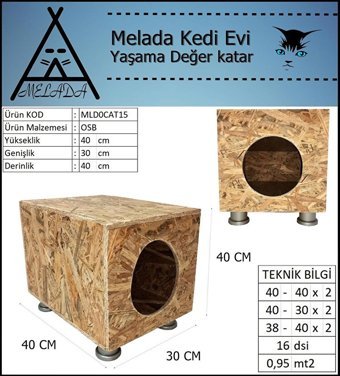 Melada 40x40x40 cm Dikdörtgen Su Geçirmez Dış Mekan Kedi Evi Ahşap Rengi