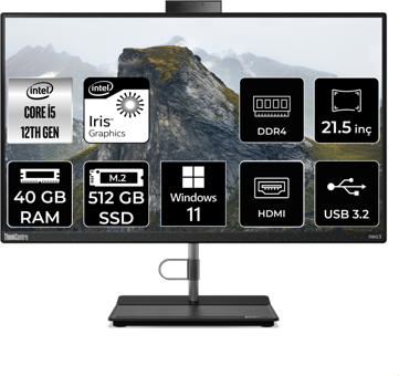 Lenovo ThinkCentre Neo 30A 12B3003XTX Dahili Iris Xe Graphics Intel Core i5 1235U 40 GB Ram 512 GB SSD 21.5 inç Full HD Windows 11 Pro All In One Bilgisayar