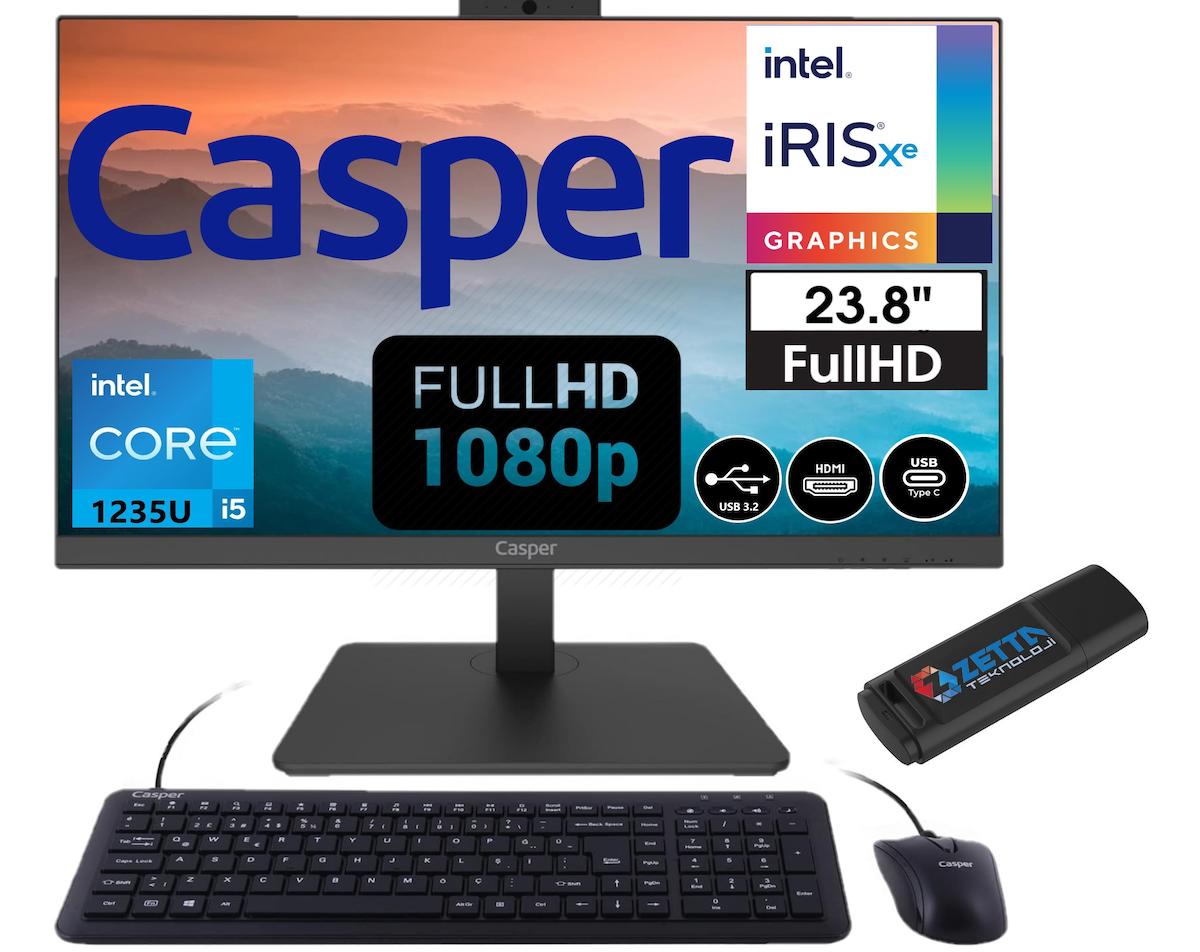 Casper Nirvana A60 12358V00XV32 Dahili Iris Xe Graphics Intel Core i5 1235U 64 GB Ram 2 TB SSD 23.8 inç Full HD Windows 11 All In One Bilgisayar + Zetta Flash Bellek